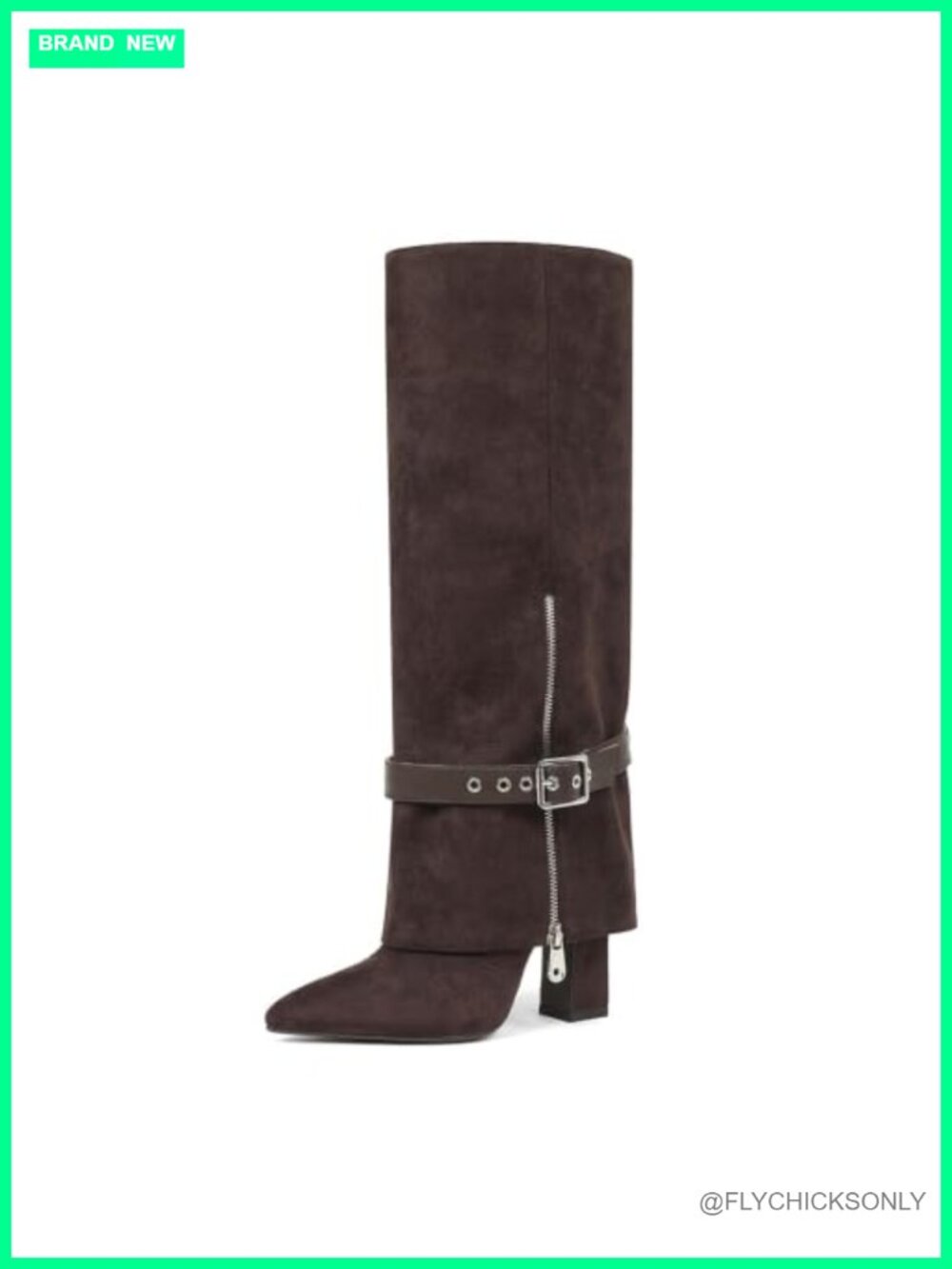 Fold Over Knee High Boots Chunky Heel Pointed Toe Faux Suede Tall Boots